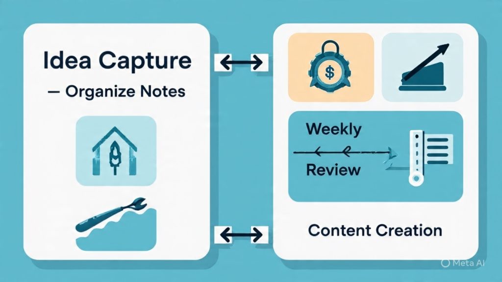 Flowchart showing PKM process for creators with stages: capture, organize, review, create