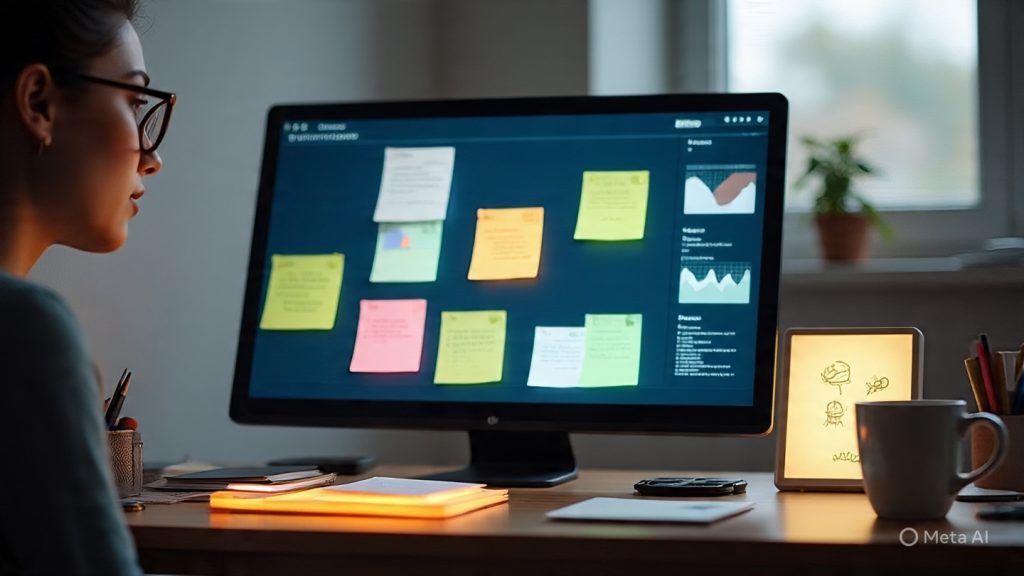 Creator organizing digital notes at a modern workspace with sticky notes and productivity tools